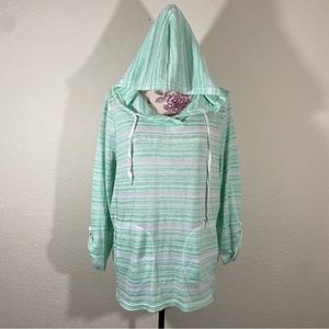 GVS sz:L Mint & White Striped Semi-Sheer Thin Hoodie Top